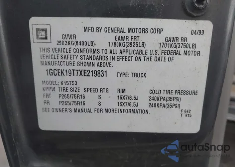 1999 Chevrolet Silverado 1500 Ls из США, поврежденный, VIN 1GCEK19T7XE219831